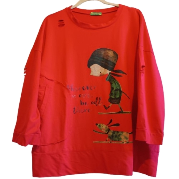 Foreign Trade Workshop Tops - Oversized Graphic Long Sleeve Top - Distressed 'Wherever U care"' 100% Cotton